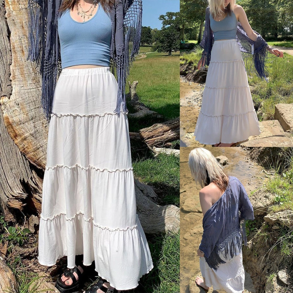 Women Pleated Long Skirt, Casual Solid Color Frill Skirt for Party