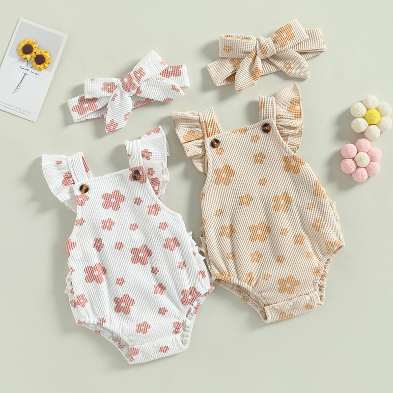 Baby Girl Jumpsuit Set Floral Print Flying Sleeve Rompers and Headband