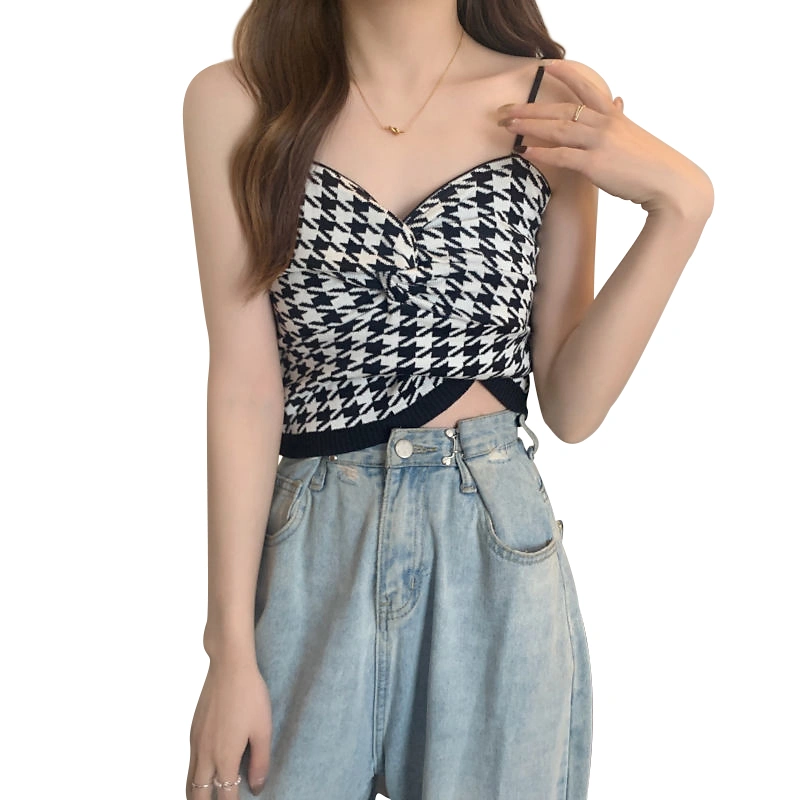  Women Tanks Tops with Houndstooth Pattern, Knotted Clothing