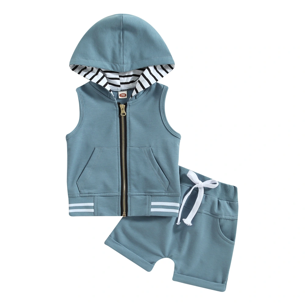 Toddler Boys Sleeveless Zipper Hoodie + Solid Color Drawstring Shorts