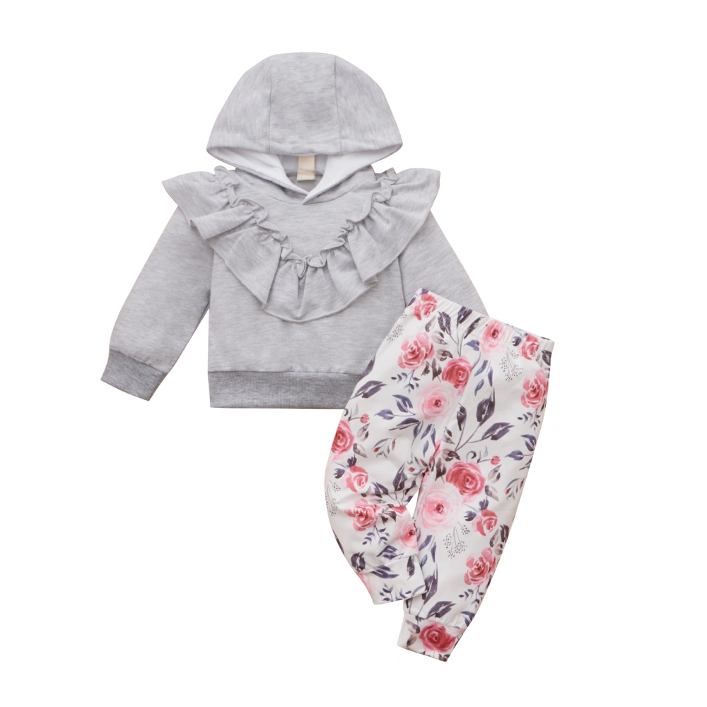 Solid Color Ruffle Hooded Sweatshirt + Flower Print Trousers