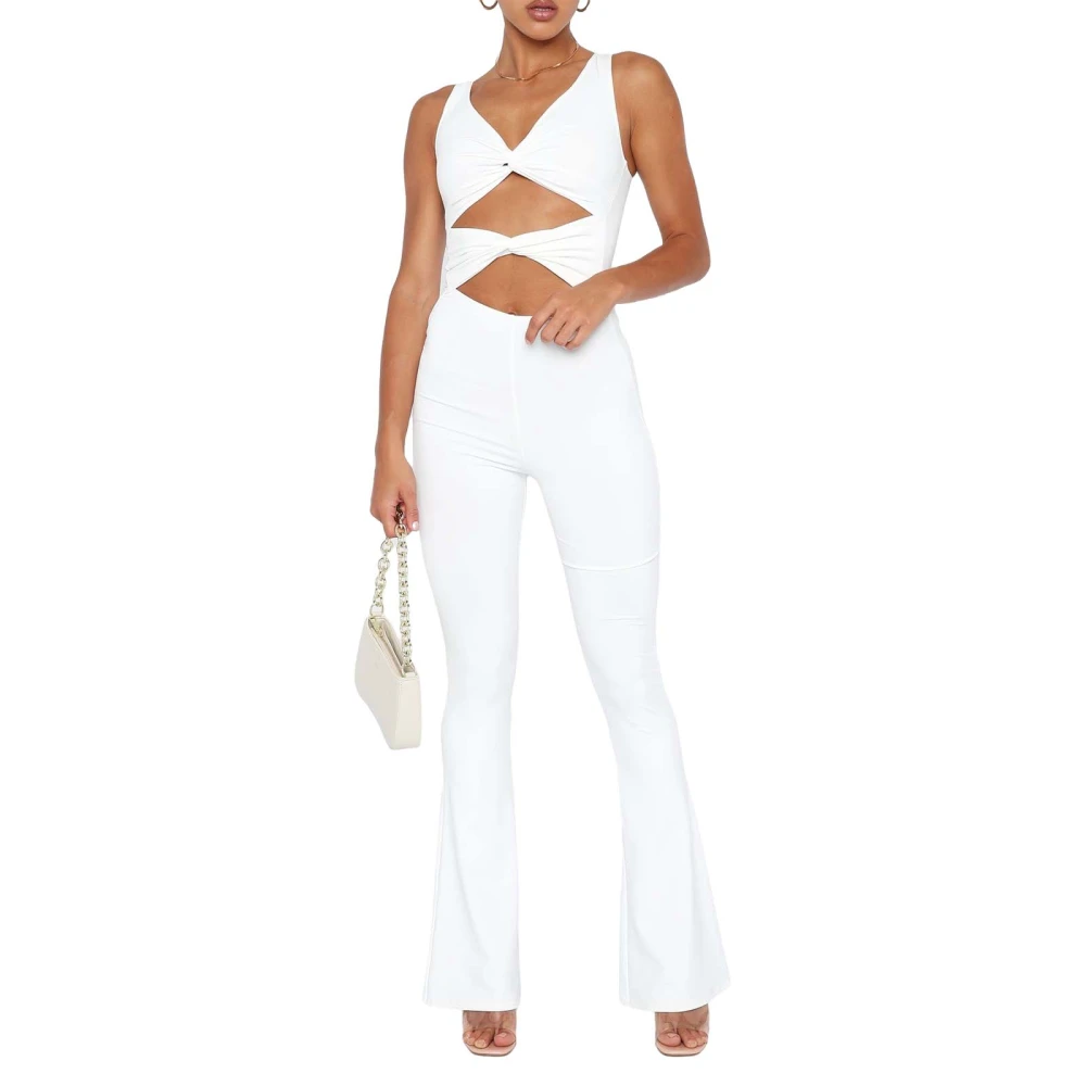 Women Jumpsuit, Sleeveless V-neck Knotted Hollowed Solid Long Pants