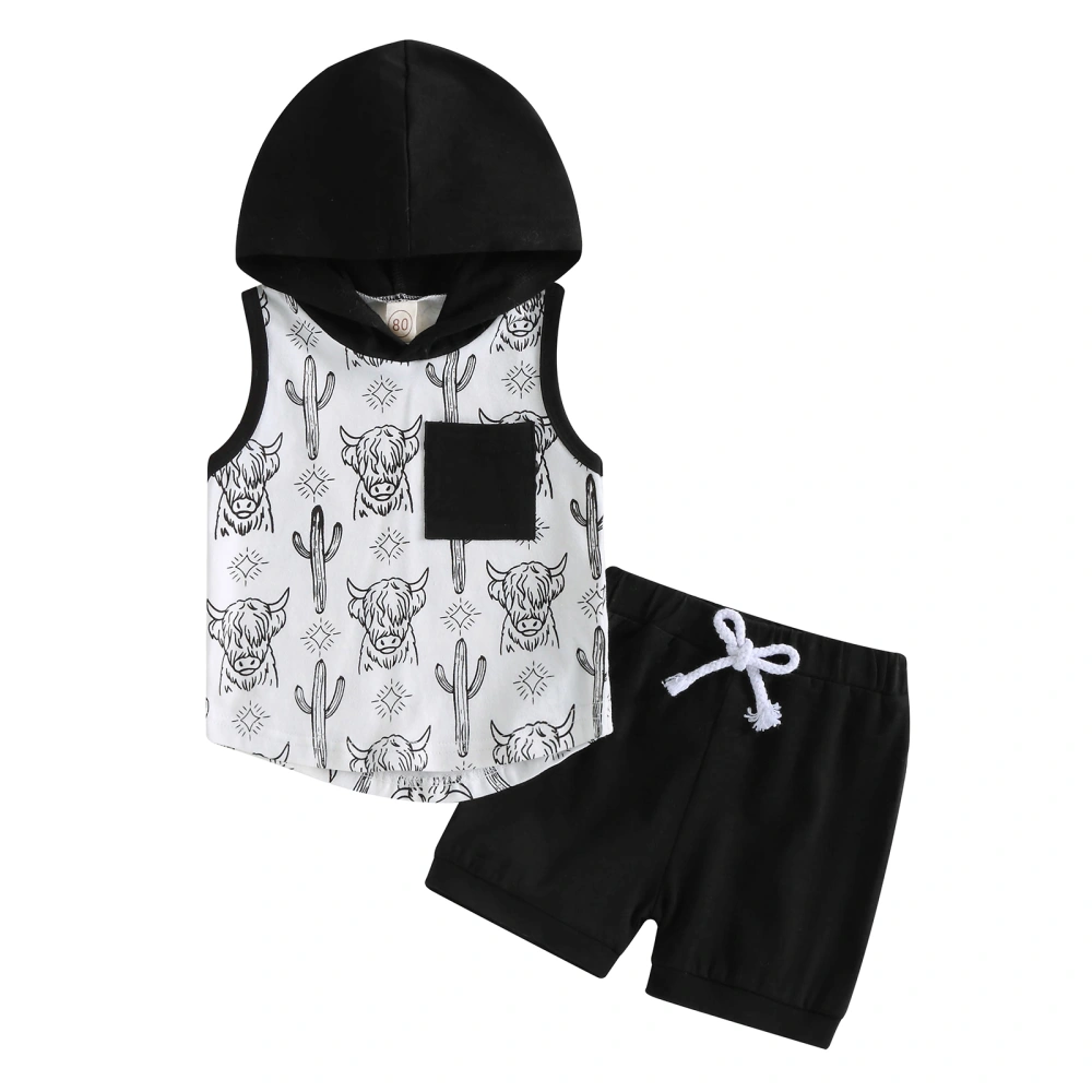 Baby Boys Shorts Set, Cow Print Hooded Vest with Elastic Waist Shorts