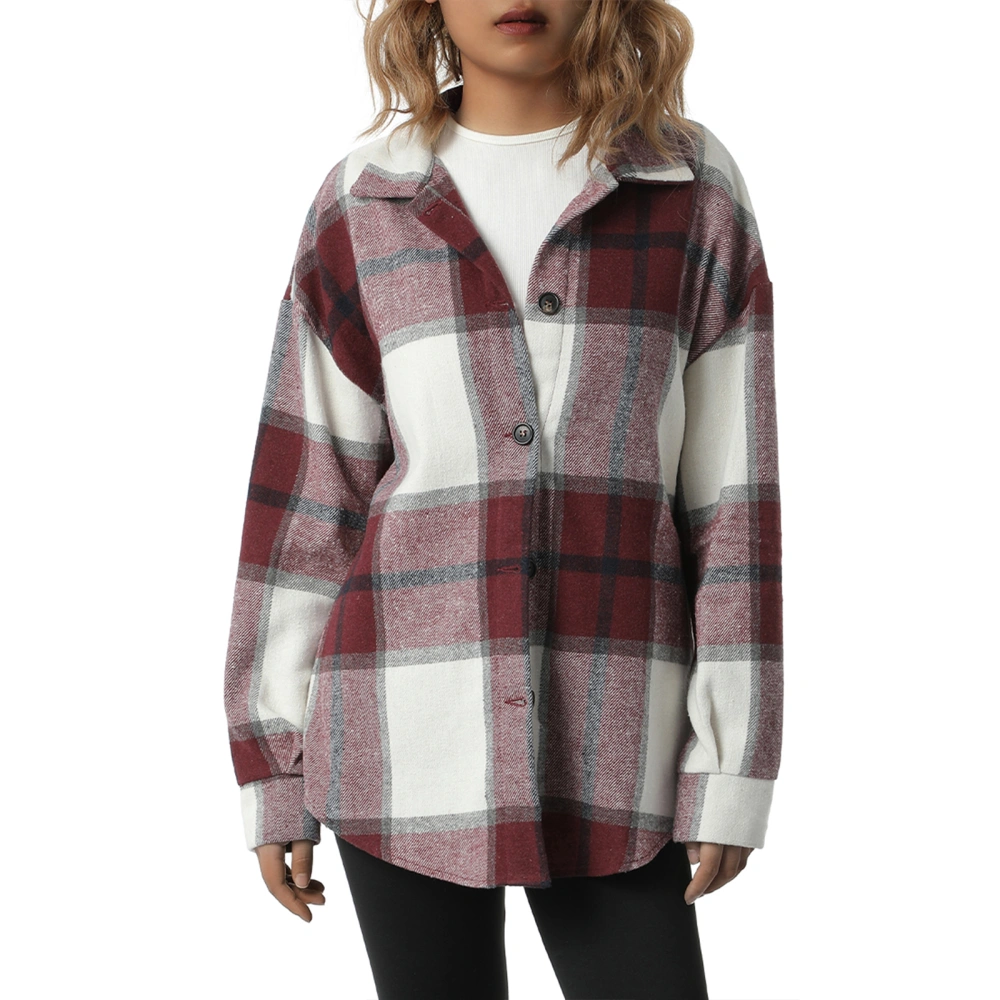 Women's Button Down Lapel Jacket, Long Sleeve Plaid Loose Outwear