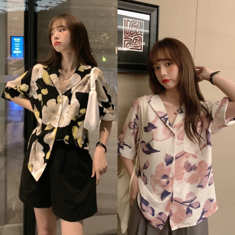 Women Button Down Lapel Shirts, Short Sleeve Loose Floral Pocket Tops