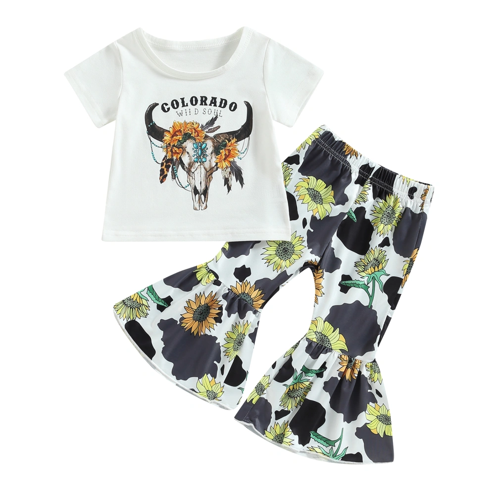 Kids Girls Summer Outfits Cow Short Sleeve T-shirt and Flare Pants Set