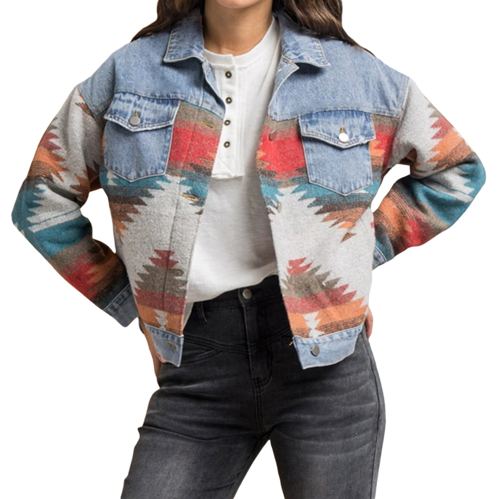 Women Vintage Denim Jacket, Geometric Print Long Sleeve Lapel Cardigan