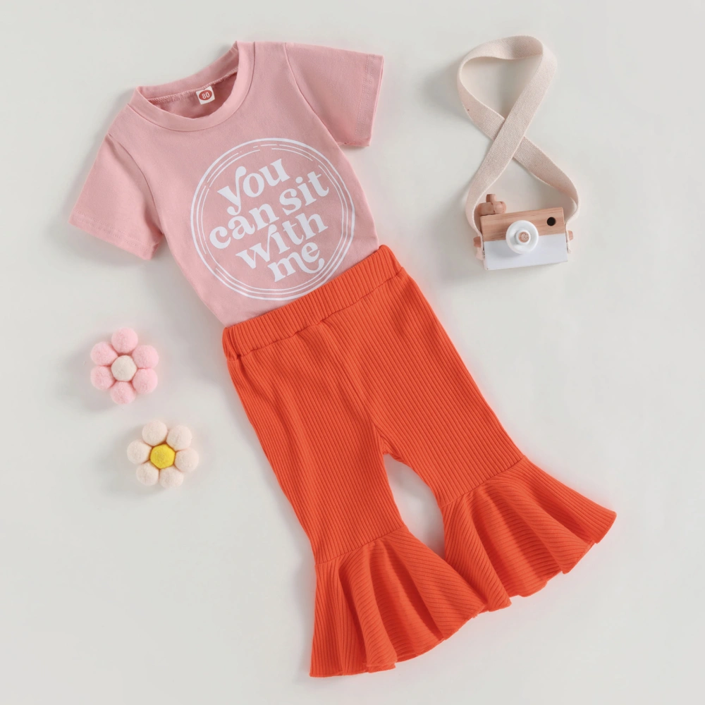 Girl Short Sleeve Round Neck Letters Print Tops Bell-Bottomed Pants 