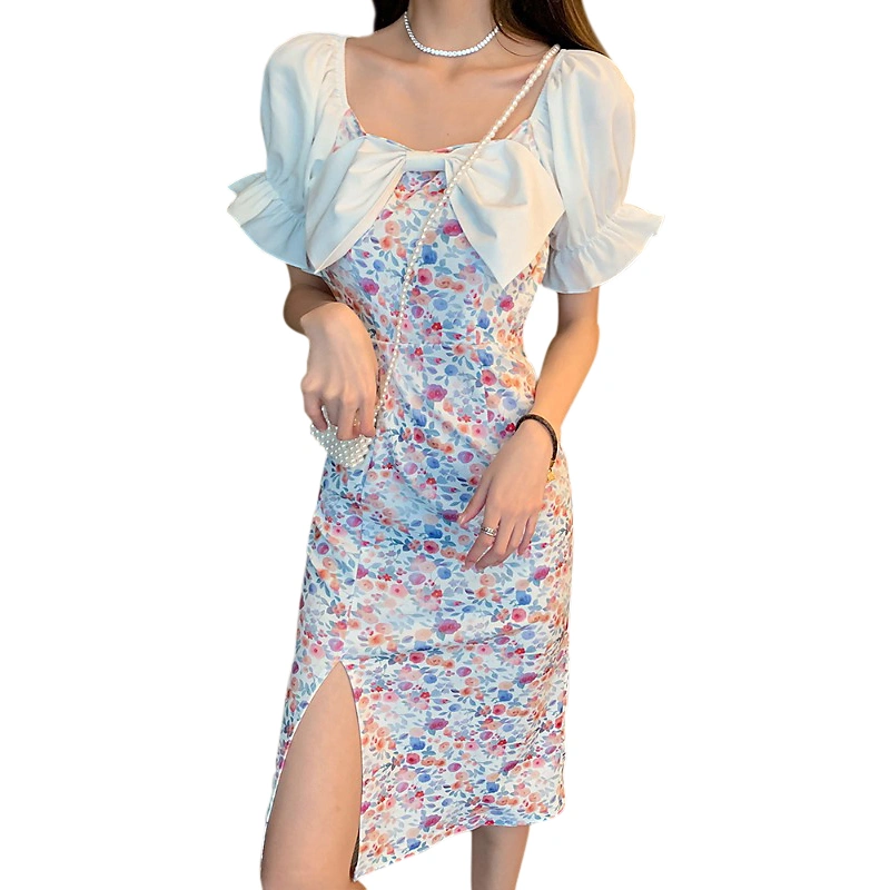 Women Dress, U-neck Patchwork Bow Decor Chest Floral Sweet Skirt