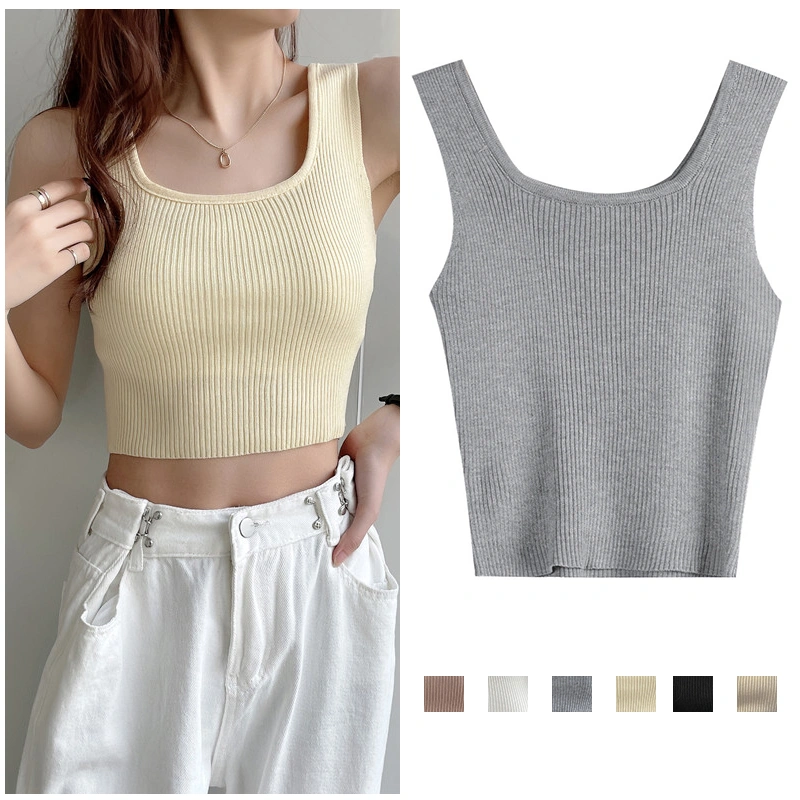 Women's Rib Knit Tank Tops, Sleeveless Solid Color Slim Fit Crop Tops