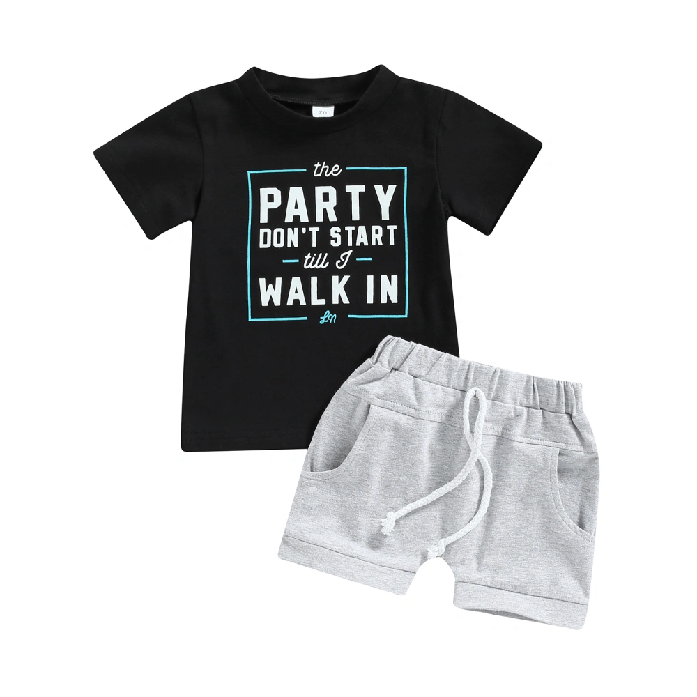 Boys Short Sleeve Letter Tops + Solid Color Drawstring Shorts