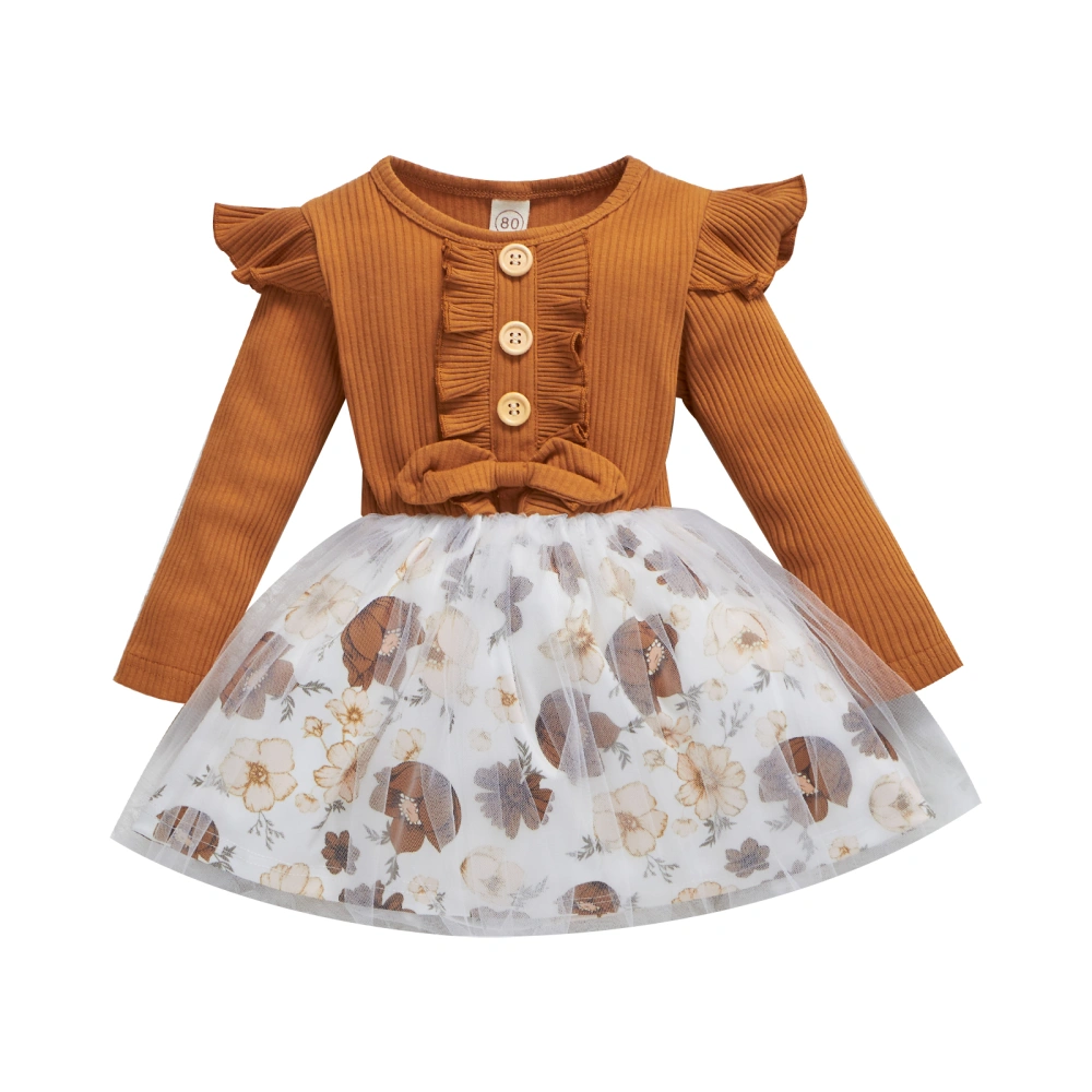 Kids Dress, Girls Ribbed Floral Stitching Long Sleeves Ruffled Skirt