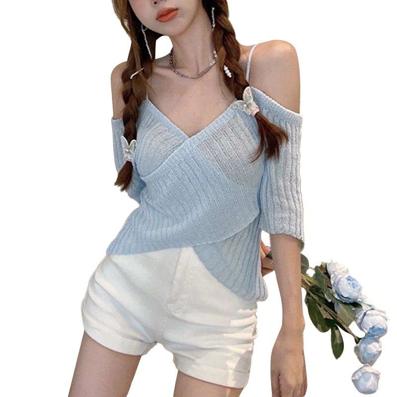 Women Summer Shirt, Short Sleeve Sling Off-Shoulder Knitted Plain Tops