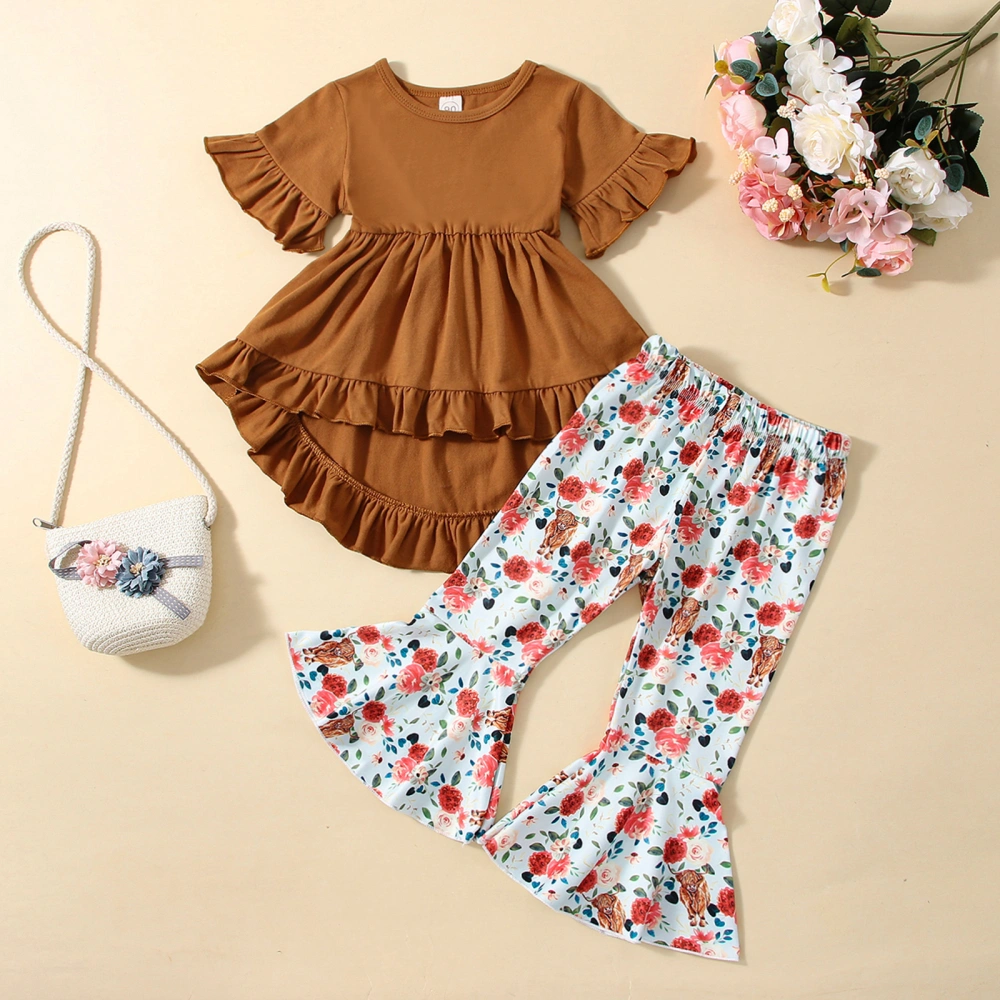 Girl Spring Outfits, Short Sleeve Ruffle Tops + Floral Flare Pants Set