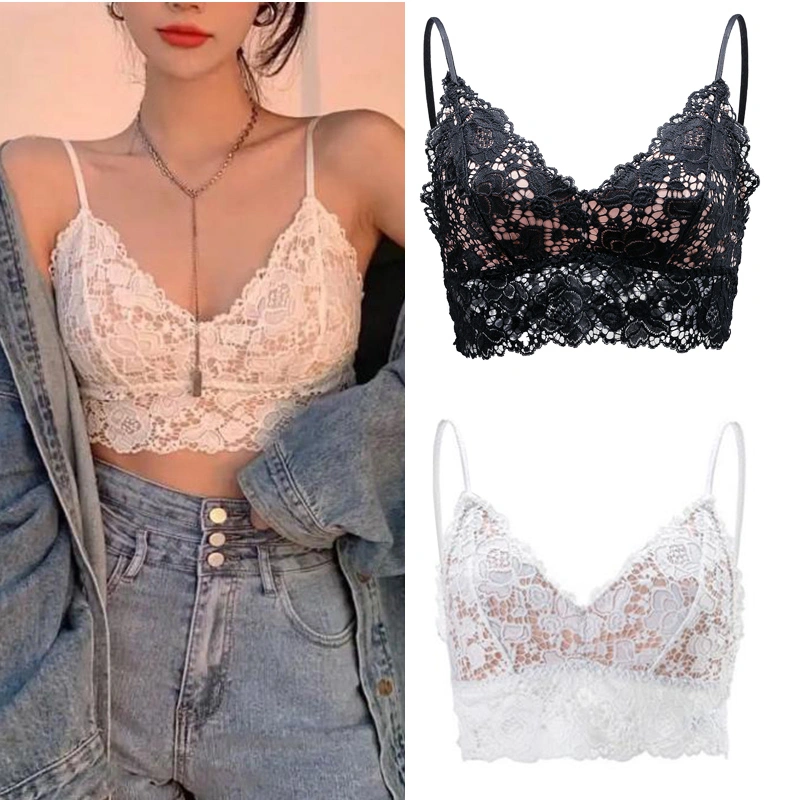 Women Padded Camisole, Spaghetti Strap Floral Lace Wirefree Bralette