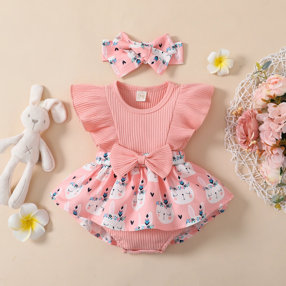 Infant Girls Rabbit Print Fly Sleeve A-Line Romper with Headband