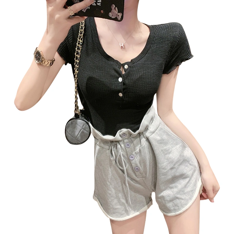 Women Casual T-Shirt, Solid Short Sleeve Slim-Fit V-Neck Tops