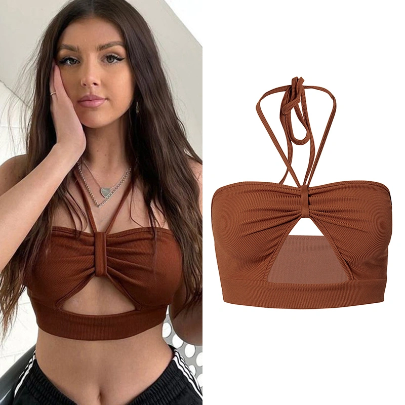 Women Halter Sleeveless Ruched Front Cutout Rib Knit Crop Cami Tops