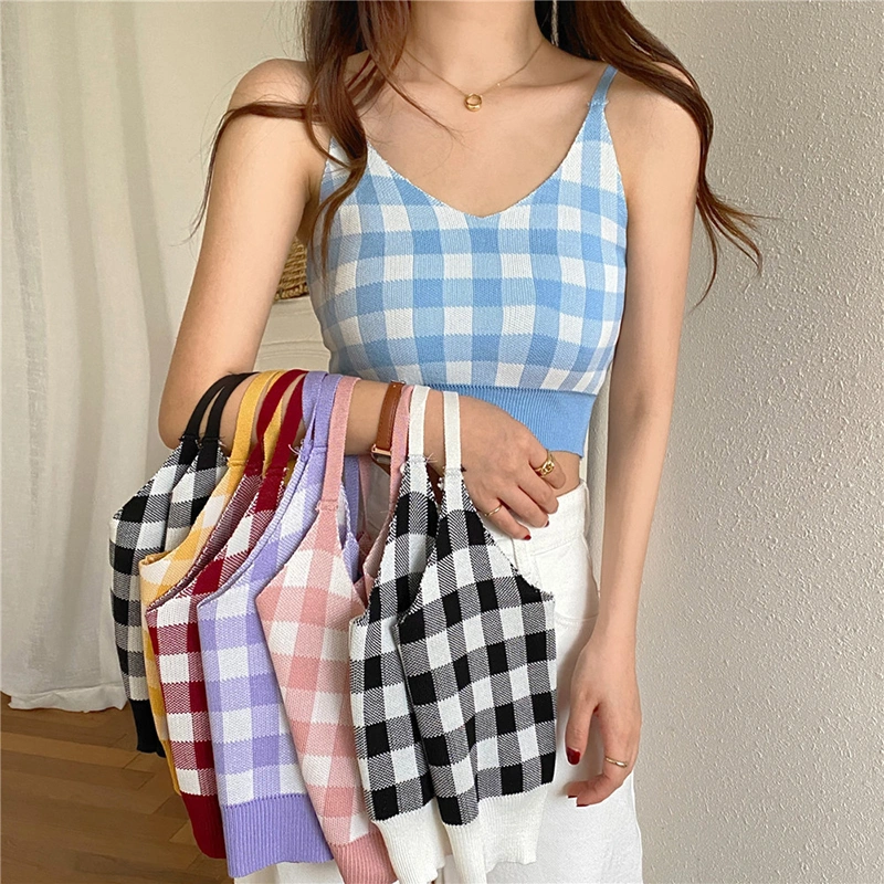 Women V Neck Camisole Plaid Print Spaghetti Strap Knit Crop Cami Tops