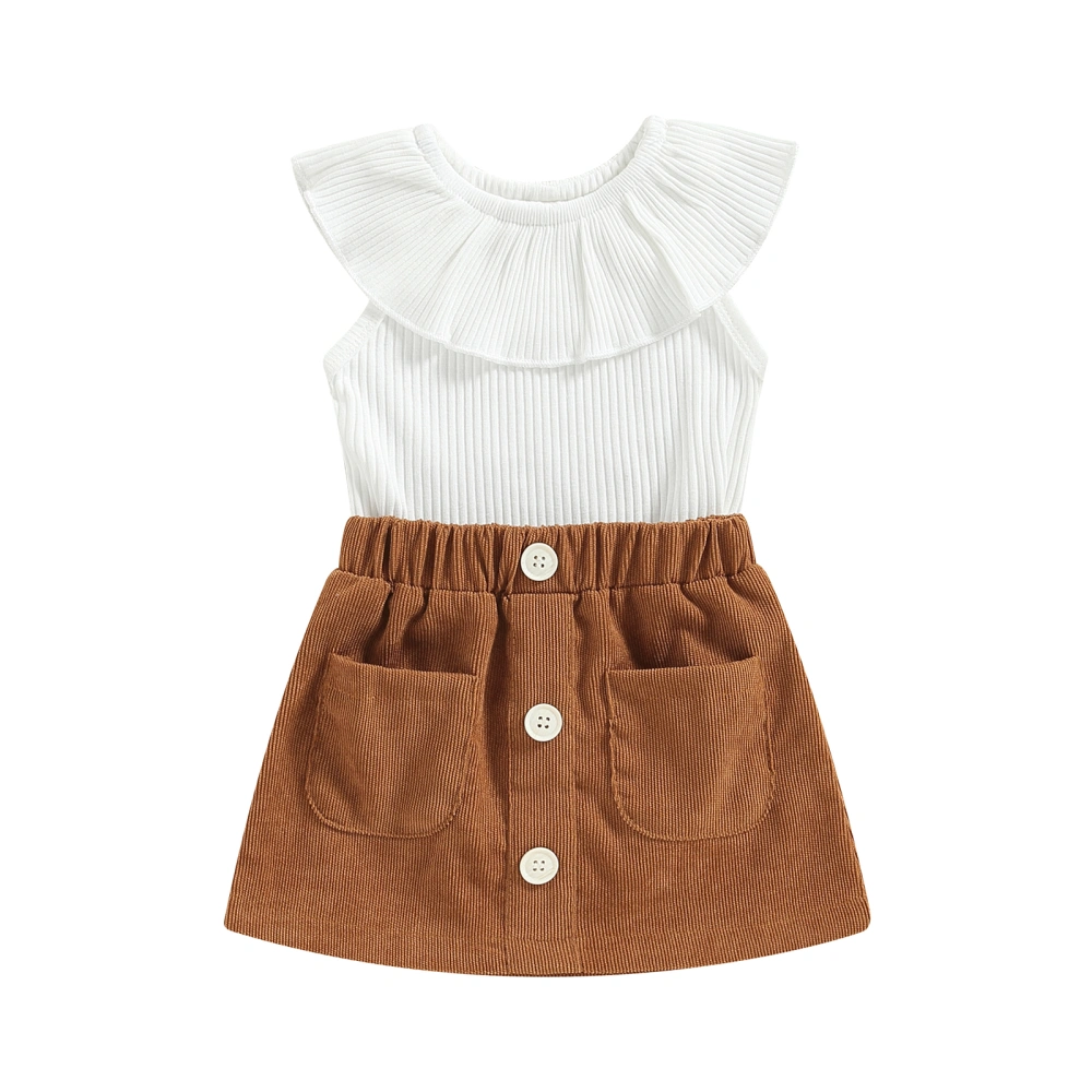 Baby Girls Sleeveless Ruffle Collar Romper + Solid Color Button Skirt