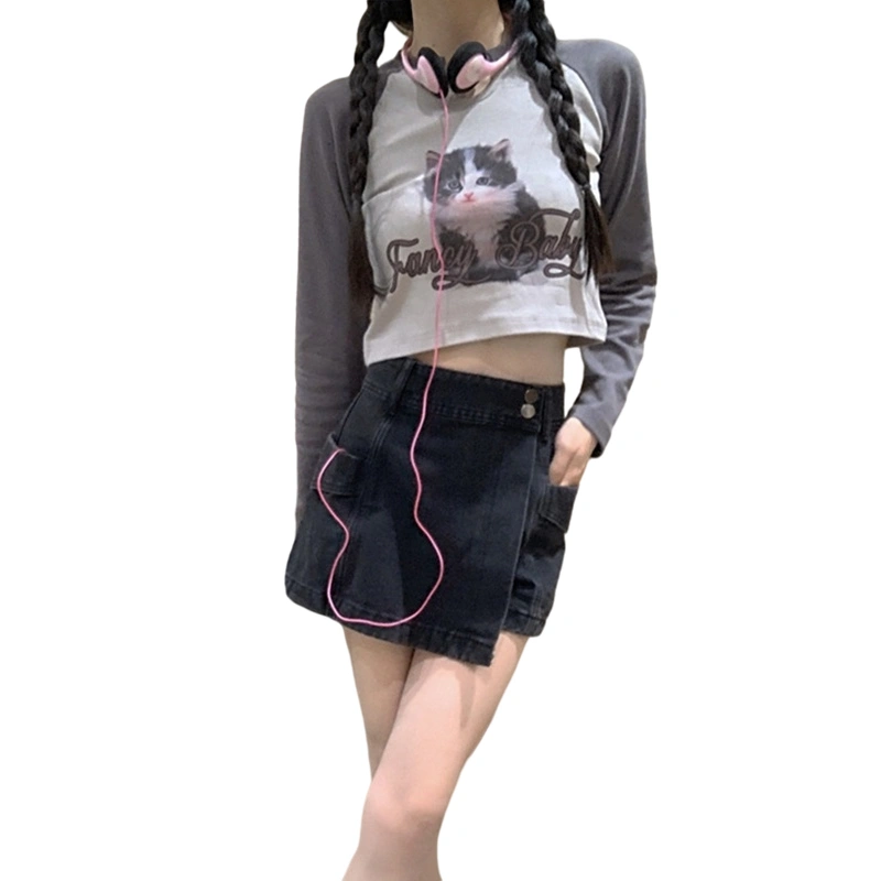 Women's V-Neck Long Sleeve 3D Cat Letter Print Show Navel T-Shirt