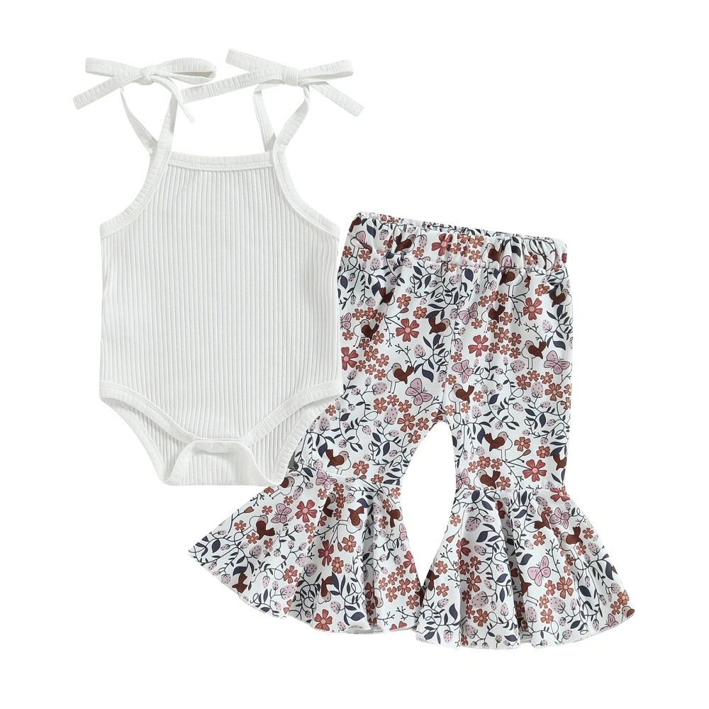 Baby Girl Spring Outfits, Tie Shoulder Romper + Floral Flare Pants Set