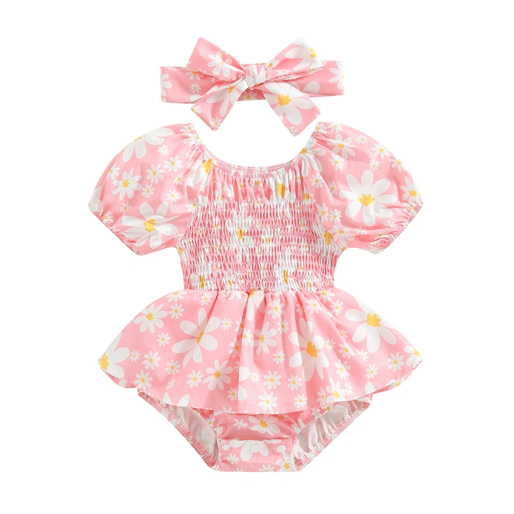 Infant Baby Girls Romper Dress Floral Print Bodysuits with Headband