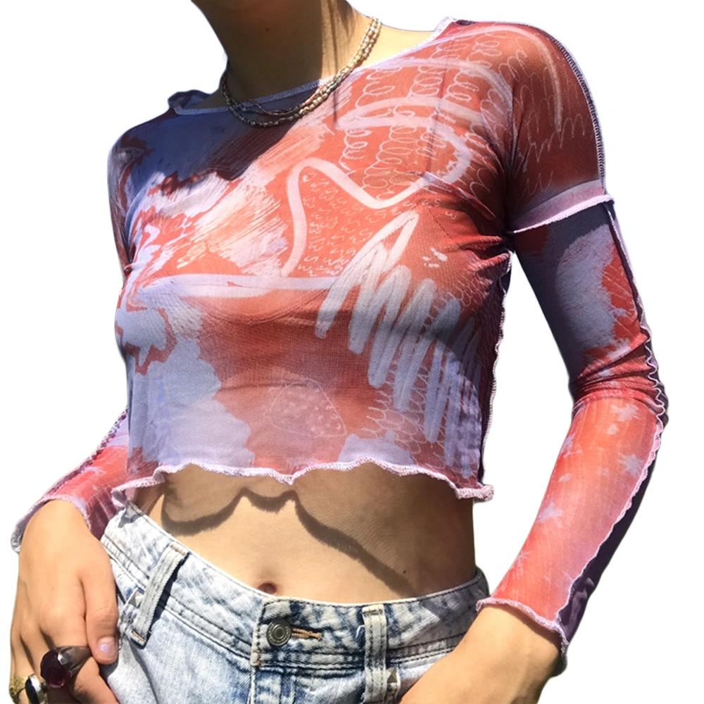 Women Printed Crop Tops, Round Neck See Through Mesh T-shirt 