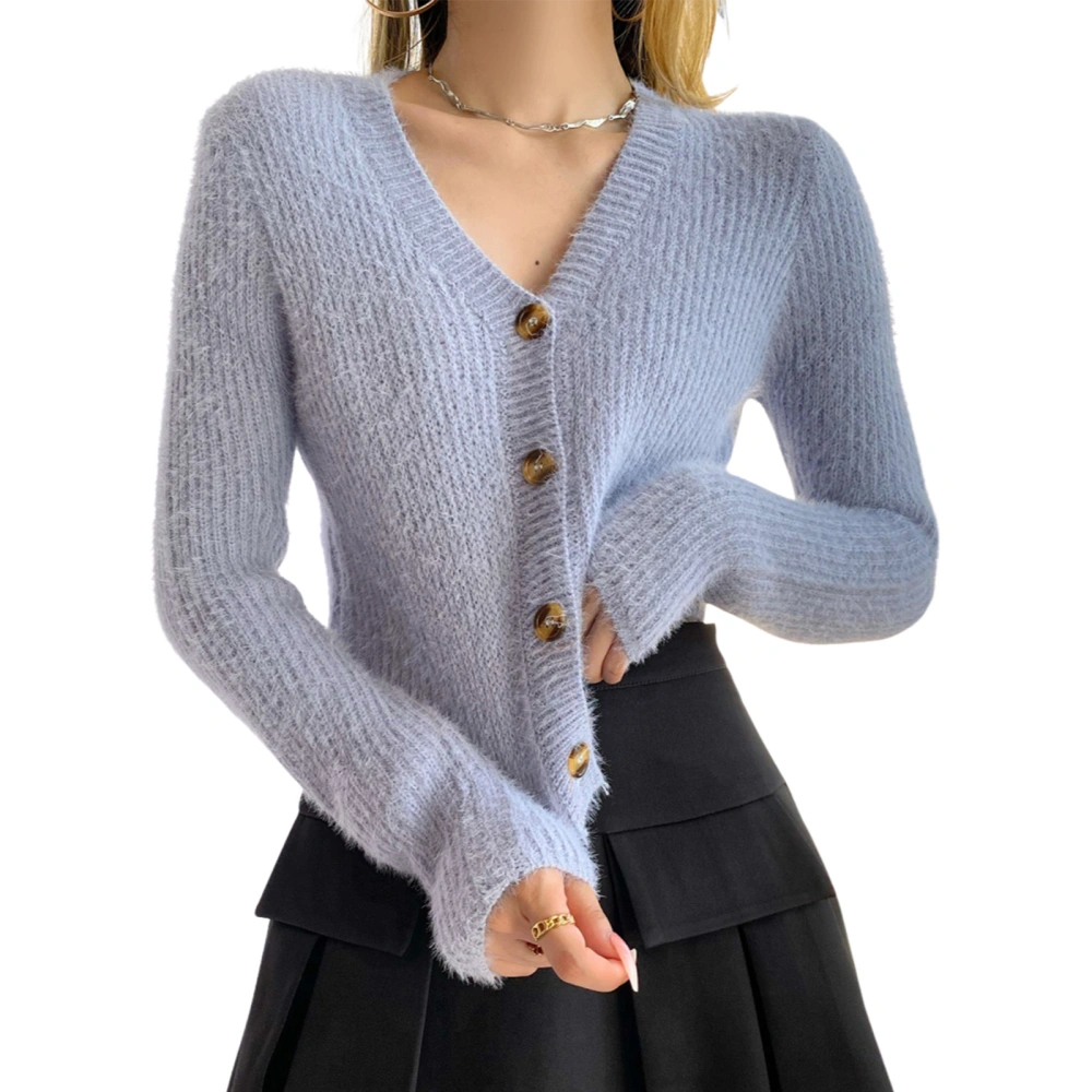 Ladies Single-breasted Knitwear, Solid Color Long Sleeve Cardigan