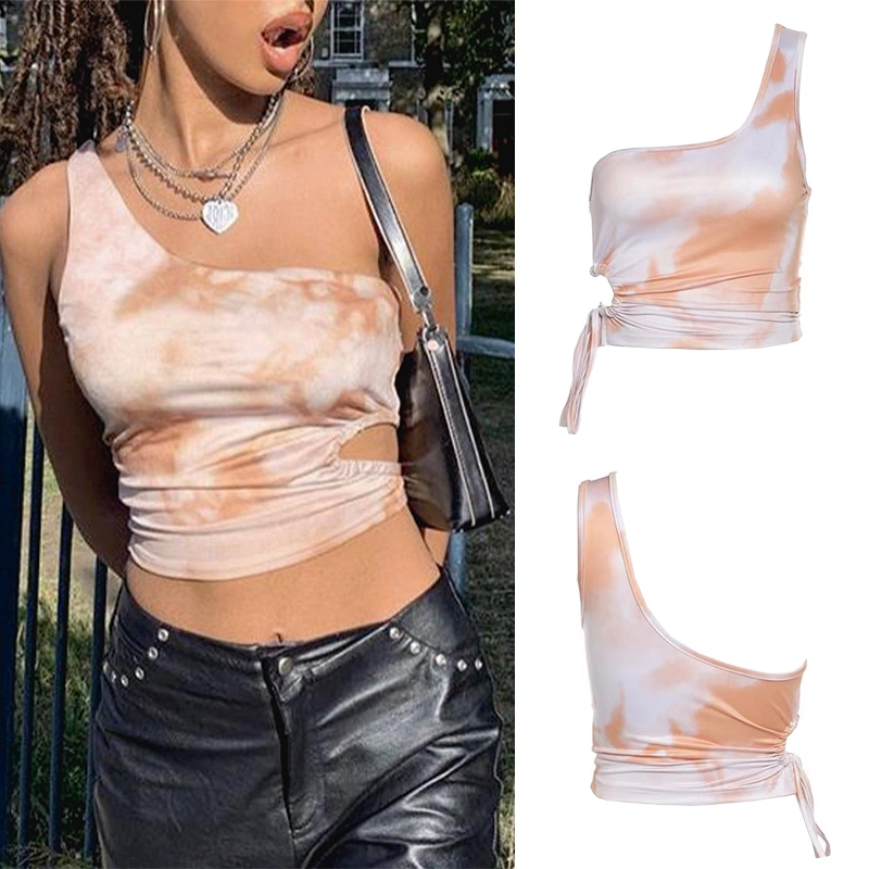 Women's Drawstring Tank Tops, One Shoulder Cutout Tie Dye Crop Tops