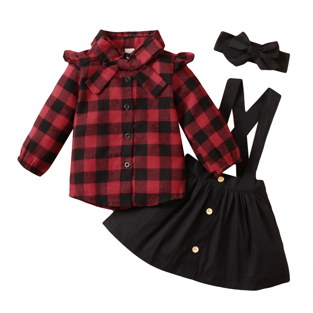 Plaid Long Sleeve Lapel Shirt with Bow + Suspender Skirt + Headband