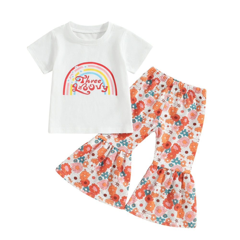 Kids Girls Clothes Set Letter Rainbow Print T-Shirts Flare Pants Set