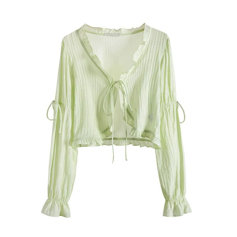 Women’s Sheer Shrug Cardigan, Long Sleeve Solid Color Tie-up Cover Up