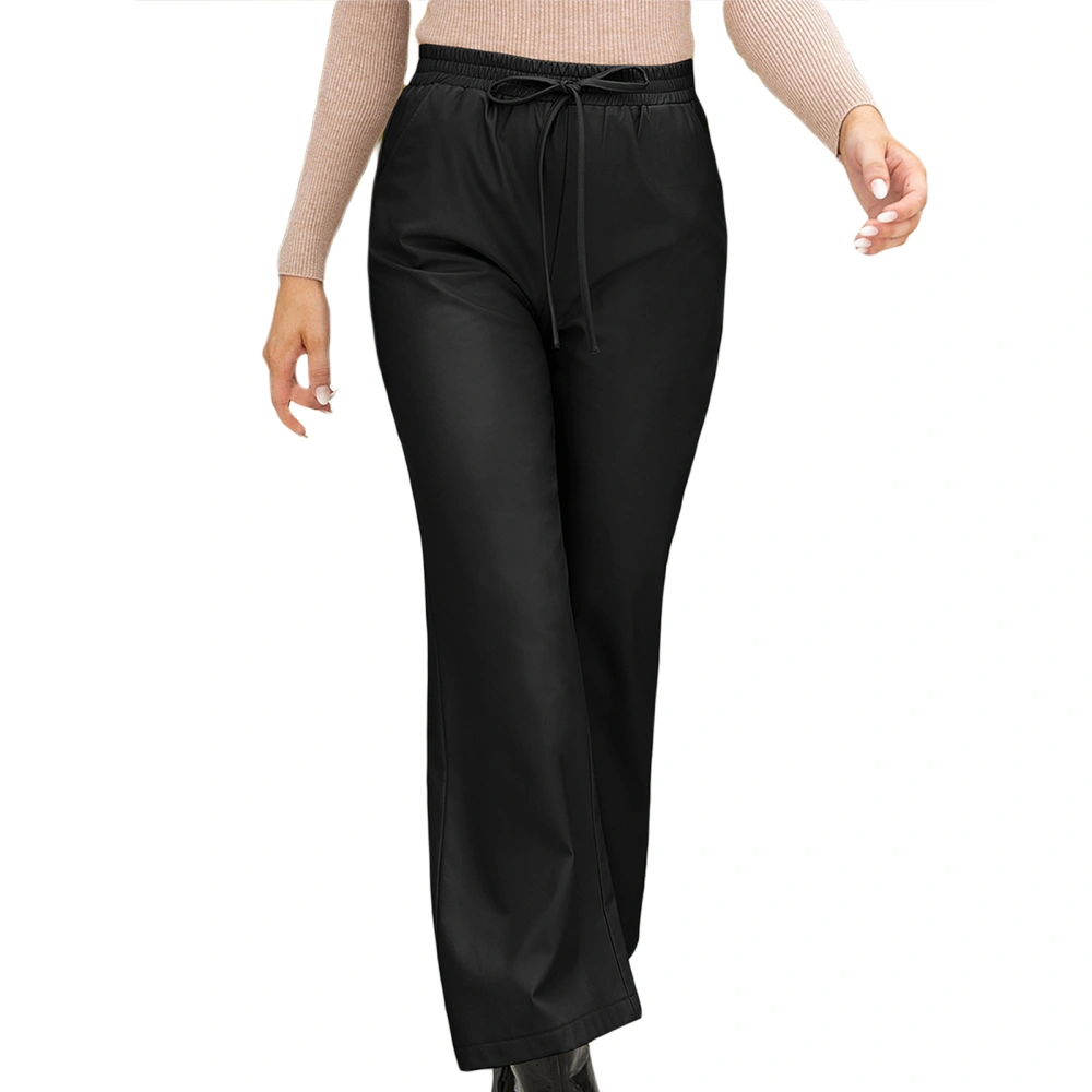 Women PU Leather Pants, Solid Color Elastic-Waist Straight Trousers