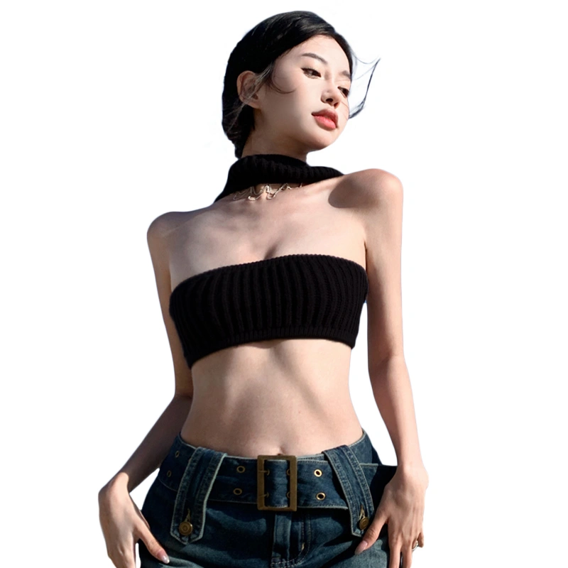 Women Knitted Halterneck Bandeau Tops Summer Backless Crop Tops 