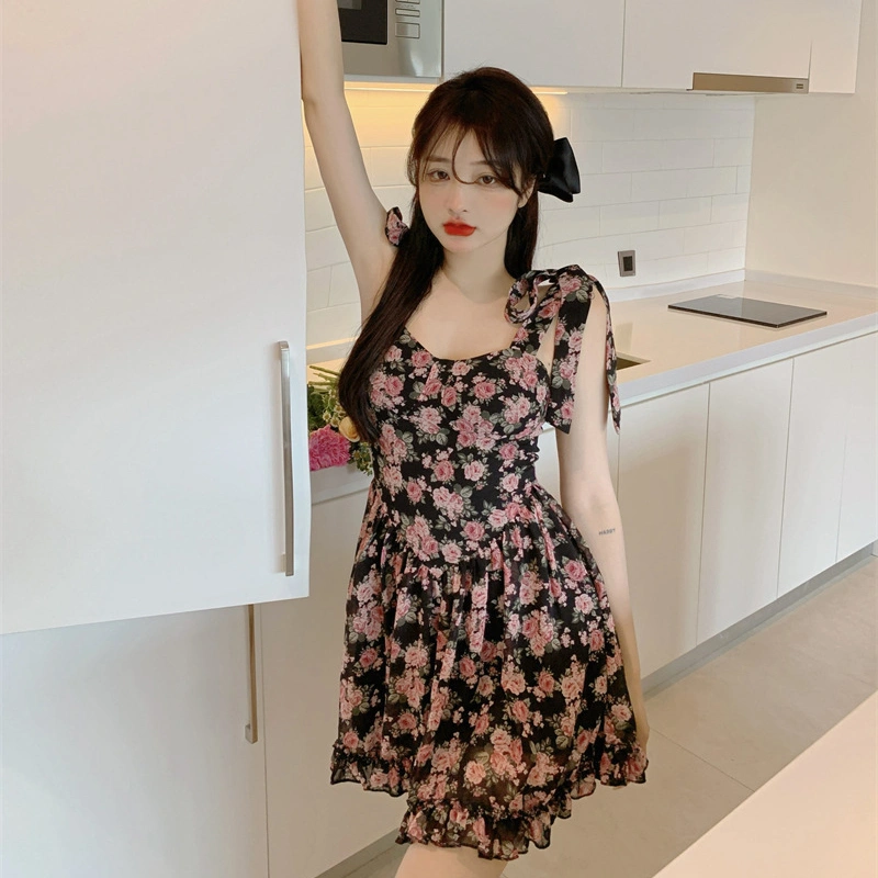 Women's Floral Mini Dress, Tie Strap Sleeveless Flowy Ruffle Dress