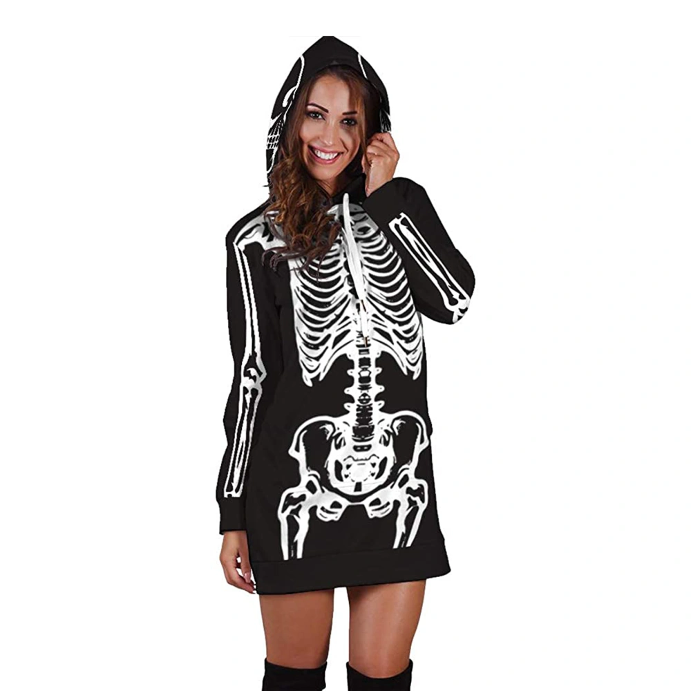 Halloween Hooded Dress, Skeleton Print Long Sleeve One-piece