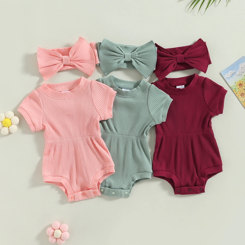 Baby Girls Jumpsuit Set Solid Color Short Sleeve Romper with Headband 