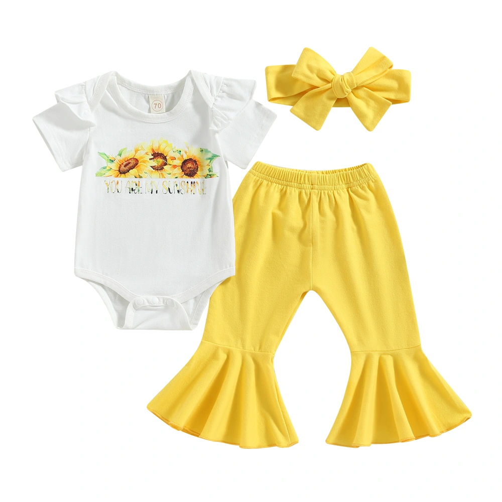 Baby Girls Pants Set, Sunflower Print Romper + Pants + Headband