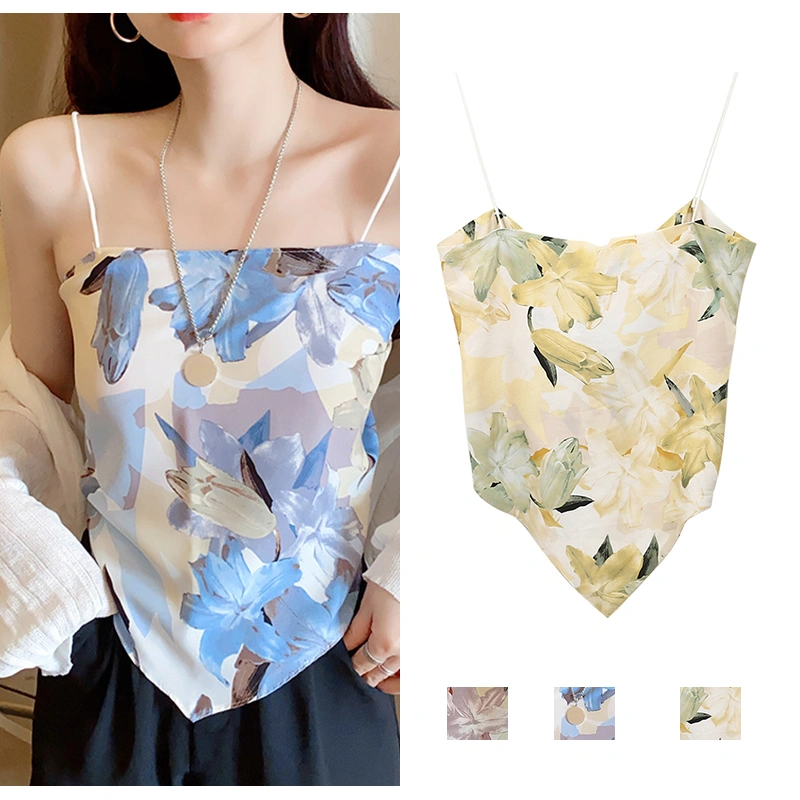 Women Tie Knot Back Spaghetti Strap Floral Print Hanky Hem Cami Tops