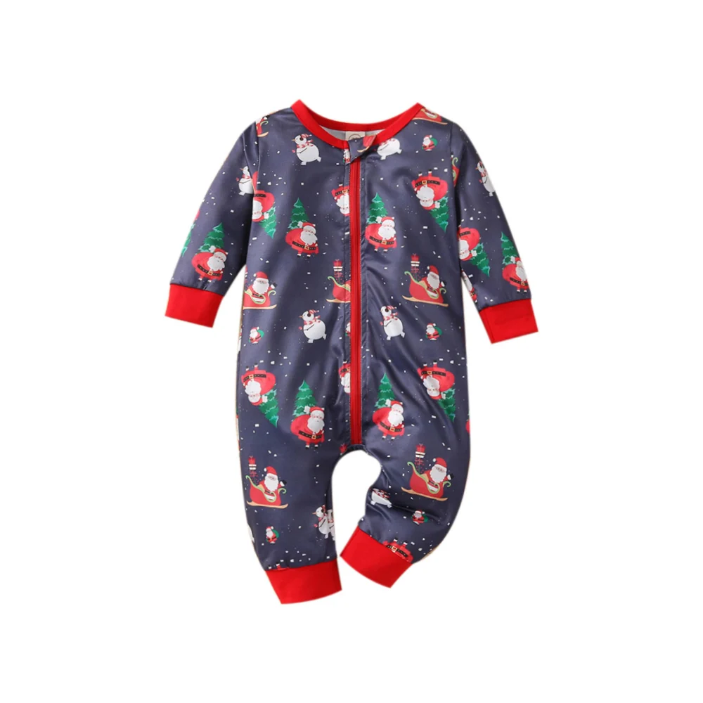 Babies Christmas Romper, Navy Round Collar Long Sleeve Jumpsuit