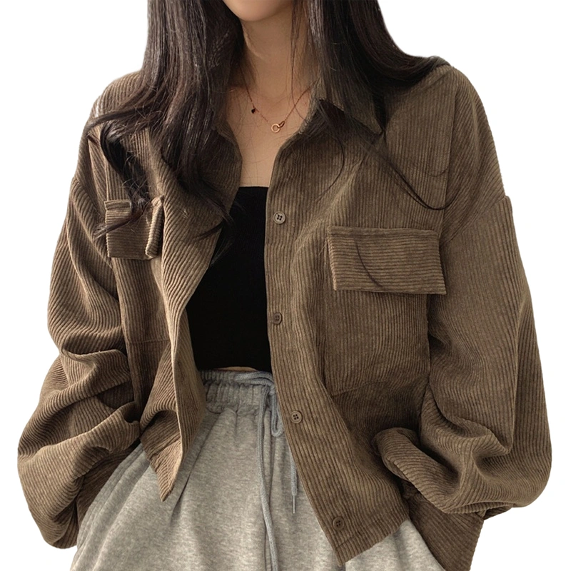 Women's Autumn Corduroy Coat, Solid Long Sleeve Lapel Button Shirt