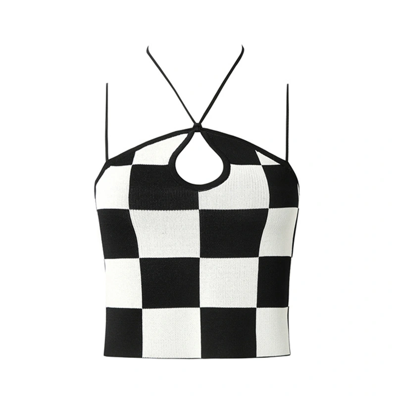 Women’s Contrast Color Plaid Hollow V-neck Exposed Navel Camisole