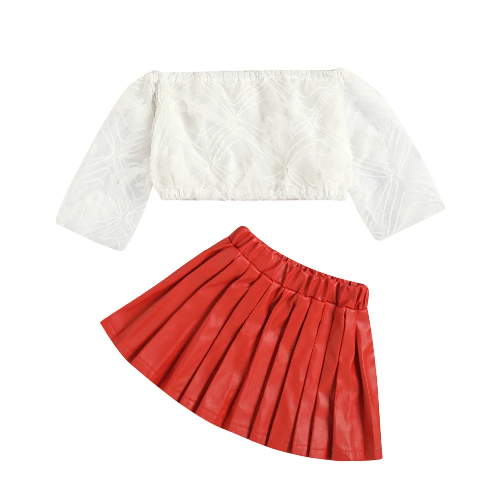 Kids Leather Skirt Set, Long Sleeve Lace Crop Tops Thigh Long Skirt