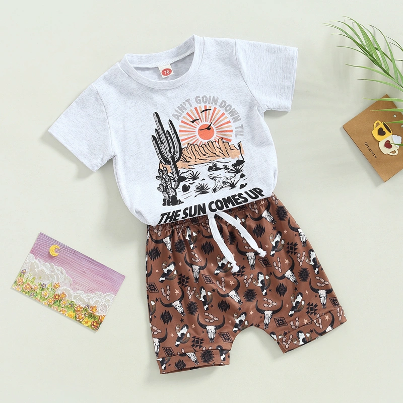 Baby 2Pcs Summer Outfits, Graphic T-Shirt + Rope Front Shorts Set