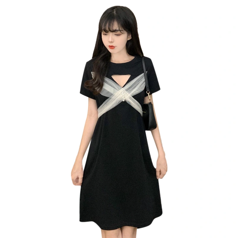 Women Midi Dress, Elegant Short Sleeve Tulle Patchwork Summer Dress