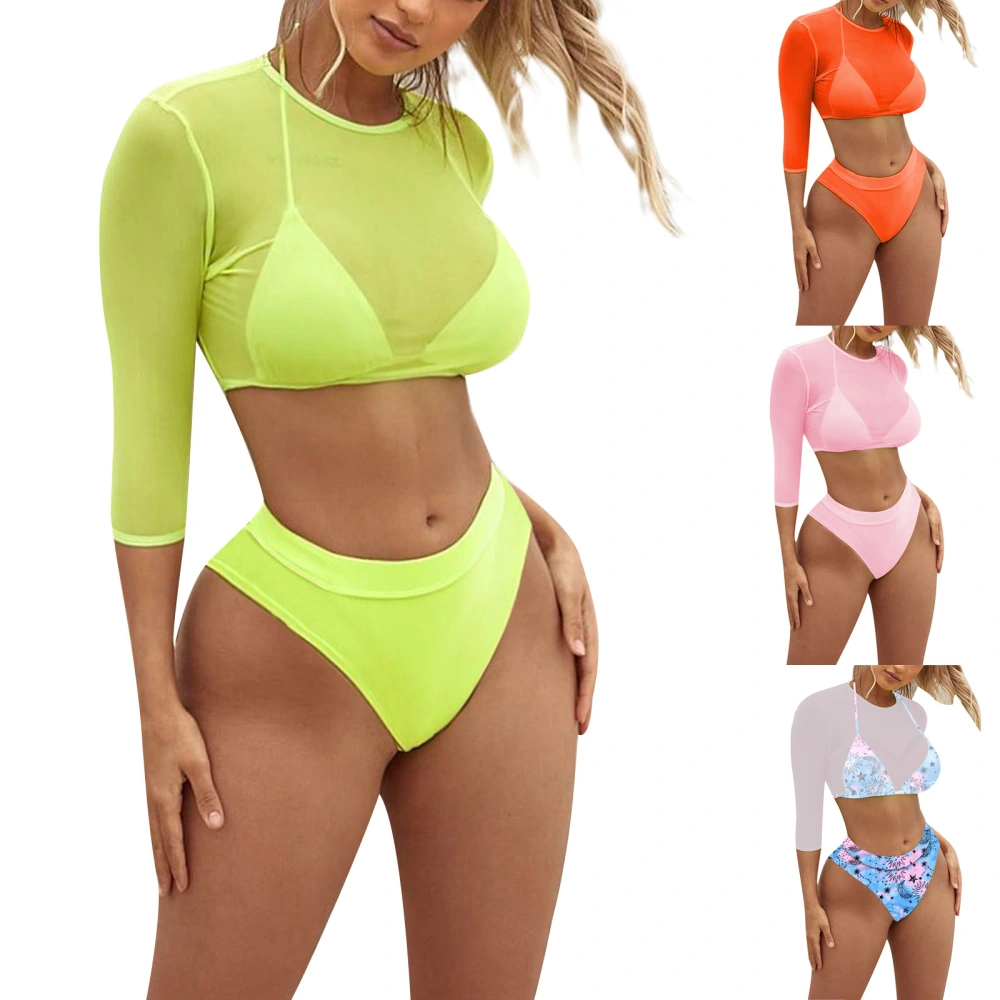 Women Halter Bikini Bras High Waist Panty with Mesh Crop Tops Swimsuit Sets