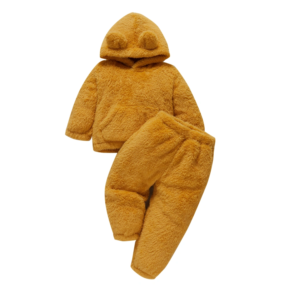 Baby’s Solid Color Plush Hooded Sweater and Elastic Long Pants Set