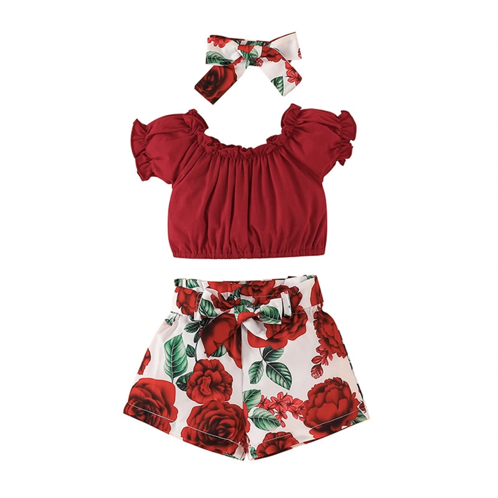 Girls Solid Color Short Sleeve Tops + Floral Shorts + Headband