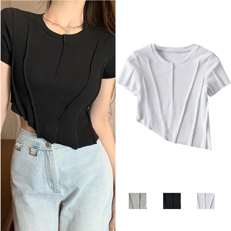 Women's Round Neck Short Sleeve Solid Color Asymmetrical Hem T-Shirts